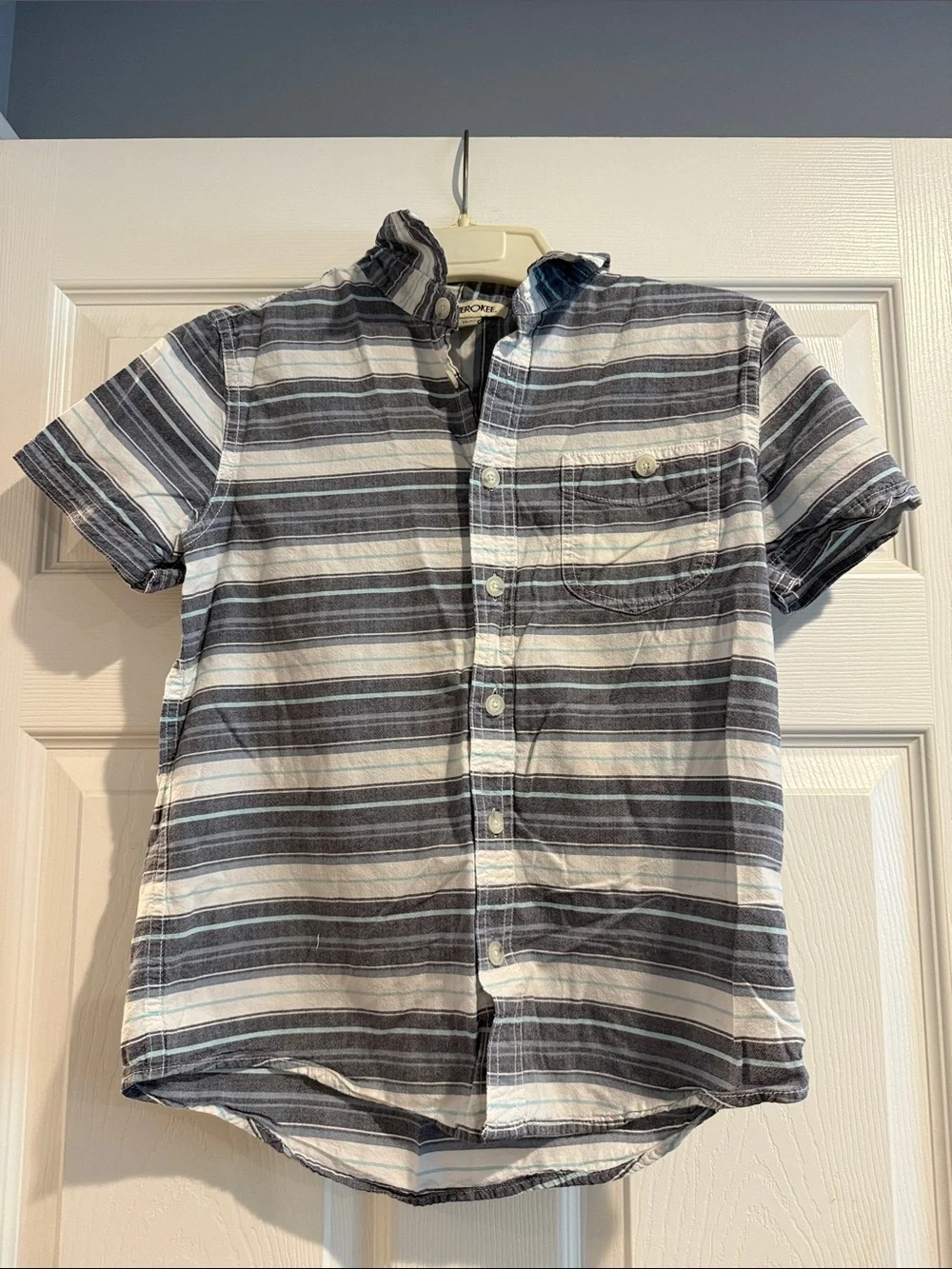 Cherokee Boys Short-Sleeve Striped Button-Down Shirt - Blue & White